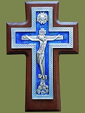 Крест гальванический настенный с плетенкой (ясень, серебрение) с эмалью. Артикул 17122-1.