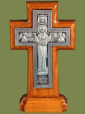 Крест гальванический на подставке Богородичный, плетенка, серебрение, ясень. Артикул 17124.