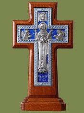 Крест гальванический на подставке Богородичный плетенка, серебрение, ясень с эмалью. Артикул 17118.