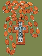 Крест иерейский с плетенкой, вставка - гальваника, серебрение, с деревянной цепочкой (яблоня, груша). Артикул 17125.