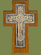 Крест гальванический настенный богородичный, плетенка, серебрение, ясень. Артикул 17129.