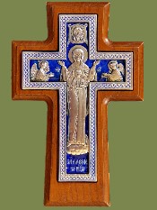 Крест гальванический настенный богородичный, плетенка, серебрение, ясень с эмалью. Артикул 17129_1.