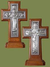 Крест гальванический на подставке, плетенка, серебрение, ясень, двухсторонний. Артикул 17130.