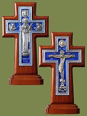 Крест гальванический на подставке, плетенка, серебрение, ясень, двухсторонний с эмалью. Артикул 17130-1.
