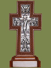 Крест на подставке малый без украшения, вставка - гальваника, серебрение (груша, яблоня). Артикул 17131.