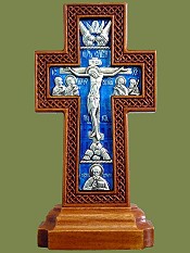 Крест на подставке малый без украшения, вставка - гальваника, серебрение (груша, яблоня) с эмалью. Артикул 17131-1.