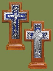 Крест гальванический на подставке, плетенка, серебрение, ясень, двухсторонний (Распятие/Воскресение Христово), с эмалью. Артикул 17135-1.