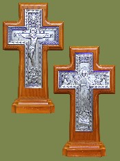 Крест гальванический на подставке, плетенка, серебрение, ясень, двухсторонний (Распятие/Воскресение Христово). Артикул 17135.