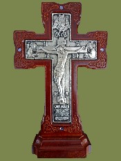 Крест гальванический на подставке с украшением ажурный, серебрение, ясень. Артикул 17136.