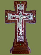 Крест гальванический на подставке ажурный, серебрение, ясень с эмалью. Артикул 17136-1.